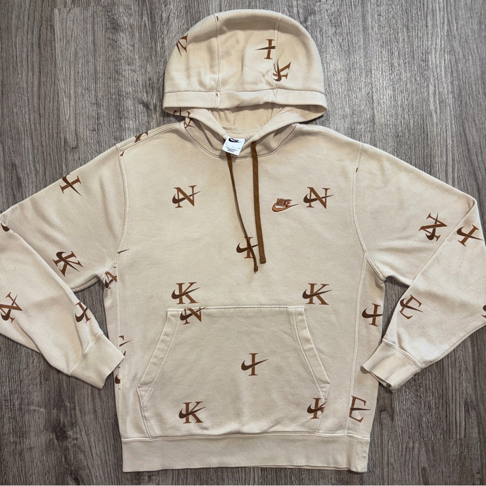 Nike Hoodie Beige Brown Logo  Pullover Sweatshirt Mens Size S